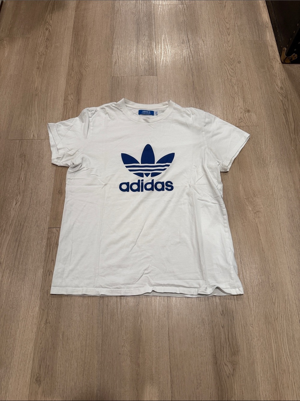adidas White Short-Sleeve Tee with Blue Trefoil Logo